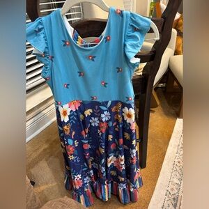Girls Teal and Navy Floral Ruffle Hem Dress